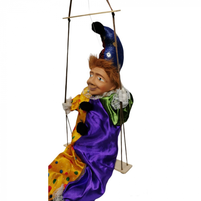 Große Marionette auf Schaukel KASPERL Kasper mit Porzellan Kopf Glanzsatin 58 cm gelb/lila/grün