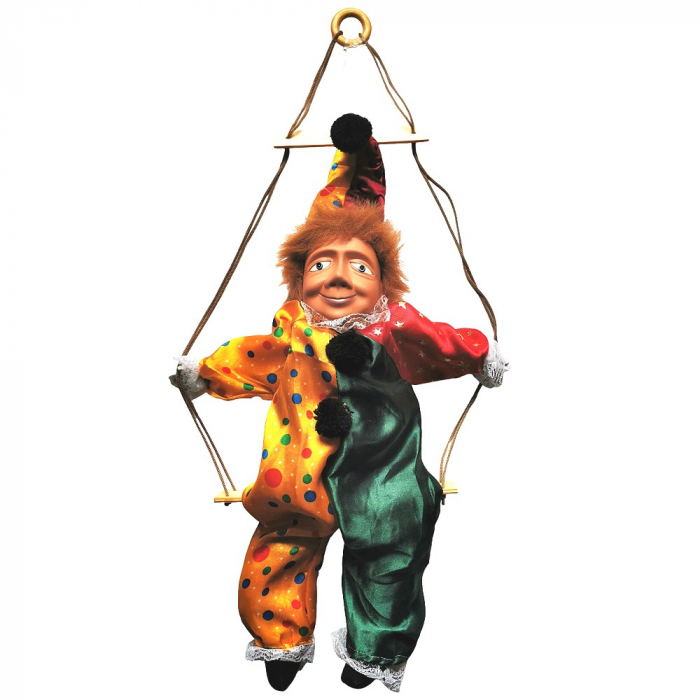 Große Marionette auf Schaukel KASPERL Kasper mit Porzellan Kopf Glanzsatin 58 cm gelb/grün/rot