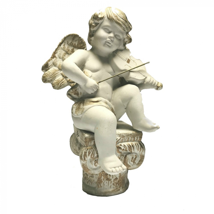 ENGEL MIT VIOLINE AUF SOCKEL handbemalt Keramik Statue Skulptur Deko 25 cm