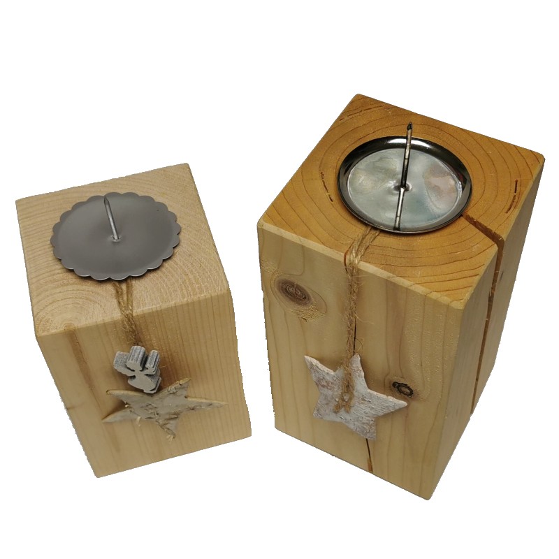 Stern 2er EUROVILAG Kerzenhalter Unikat Set Holzklötze TRENDSHOP Engel - Handarbeit Kerzenständer