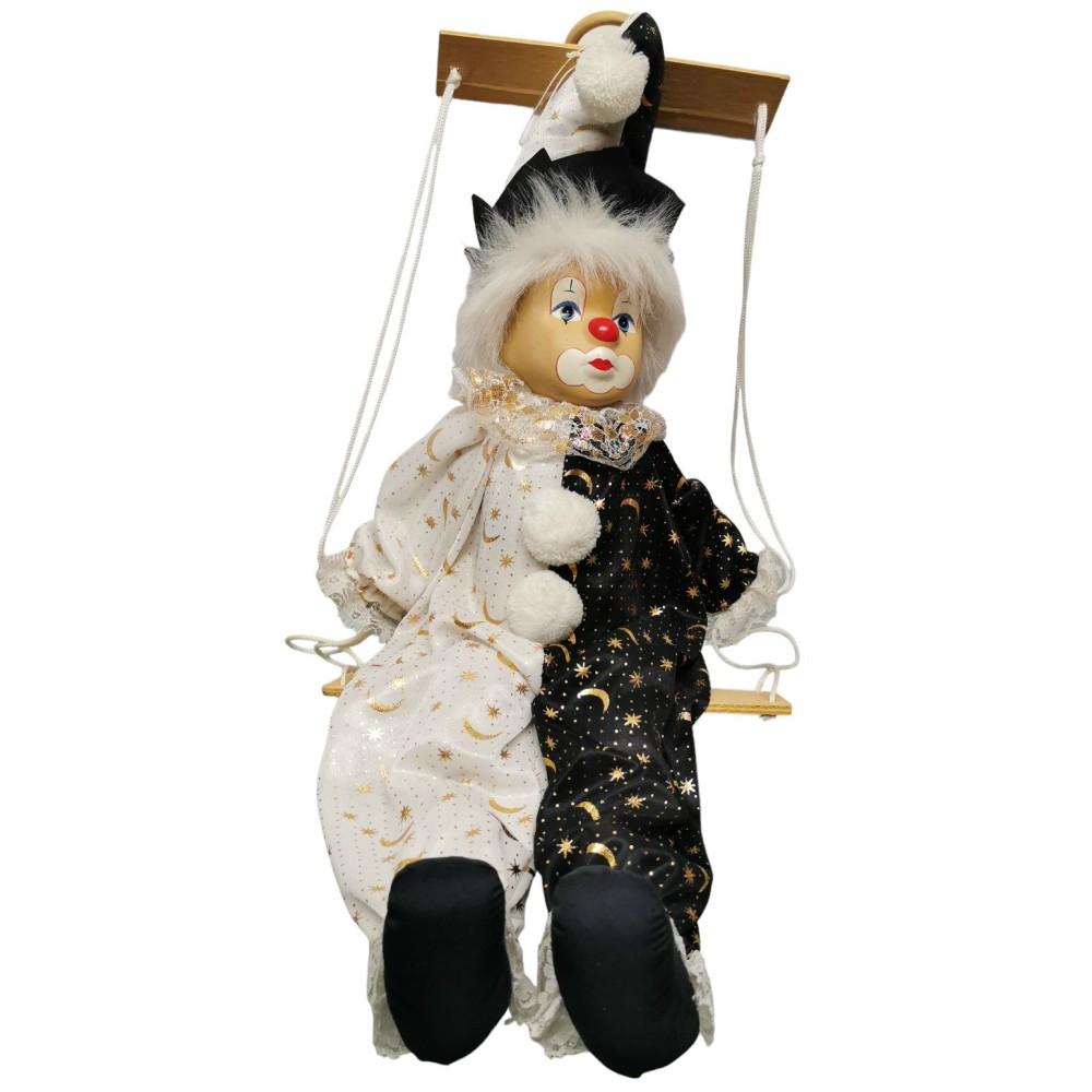 Große Marionette auf Schaukel CLOWN Harlekin mit Porzellan Kopf Glanzsatin 58 cm