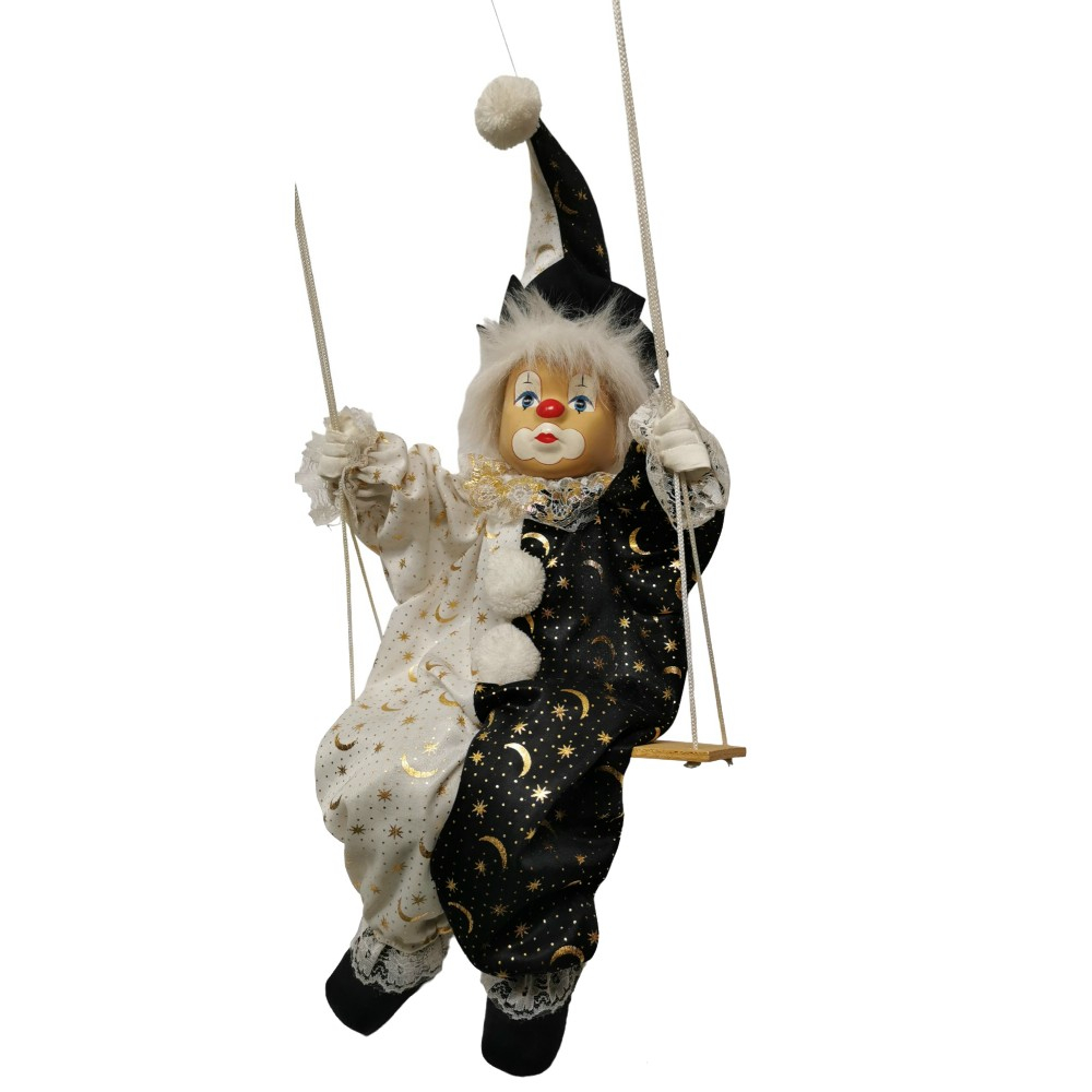 Große Marionette auf Schaukel CLOWN Harlekin mit Porzellan Kopf Glanzsatin 58 cm